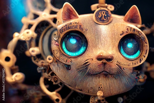 Closeup of steampunk robot cat figurine against blurred background photo