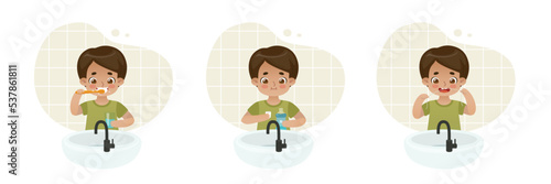 Dental hygiene collection with cartoon kid. Cute boy brush his teeth in front of the sink. Everyday dental care set.