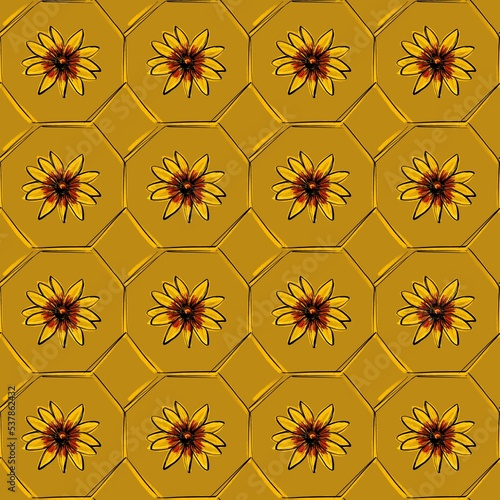 Seamless pattern. Beautiful yellow large rudbeckia or daisy flowers on mustard background. Sunflowers, honeycomb wallpaper