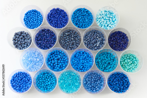 different blue colored plastic resins in laboratory