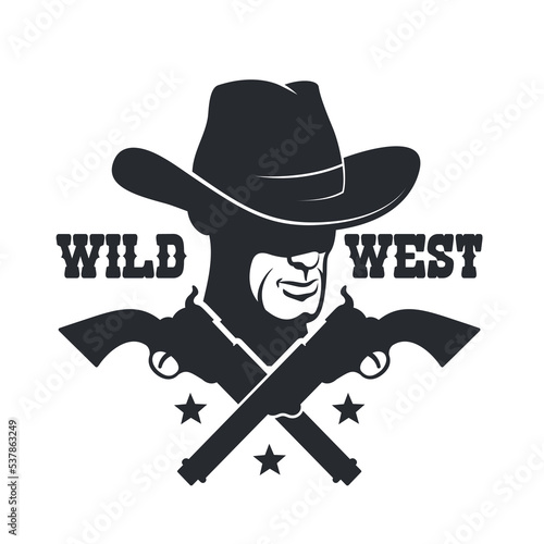 Western retro logo with cowboy in hat and crossed guns. Wild west emblem