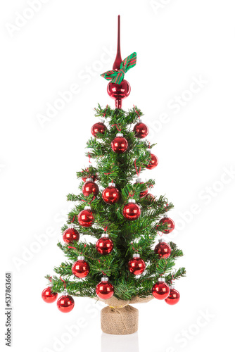Decorated Christmas tree with peak balls isolated on transparent background