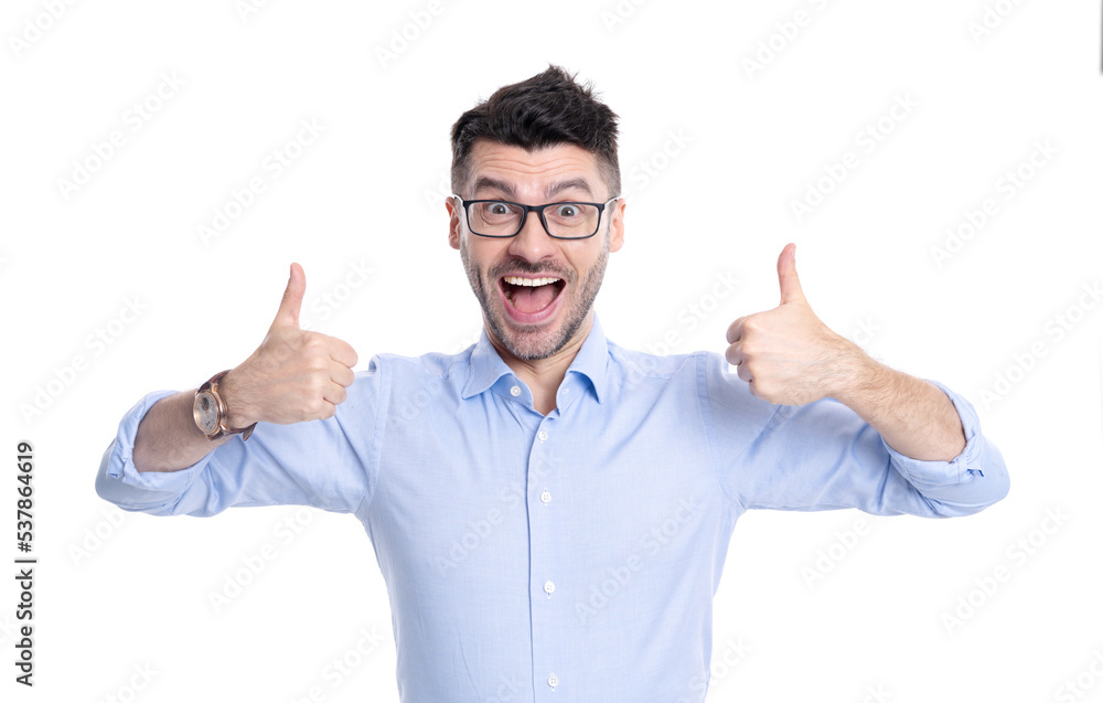 amazed businessman with approve gesture isolated on white background. businessman amazed businessman with approve gesture isolated on white background. businessman