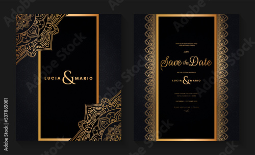 Luxury wedding invitation card design with golden mandala and abstract pattern, Arabic Islamic east background style, Decorative ornamental mandala for print, poster, cover, flyer, and banner.
