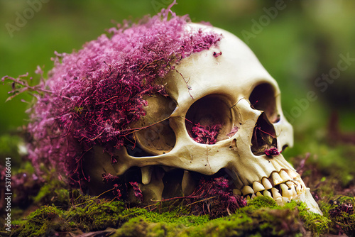 Human skull in green moss and pink or purple dead flower, nostalgia of lost love, 3d illustration photo