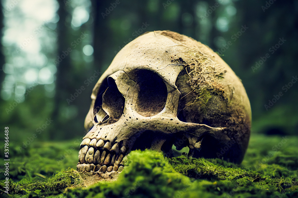 3d illustration with a very scary human skull for morbid and macabre atmosphere in a forest