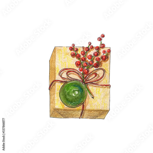 A packed holiday gift for Christmas. A gift box decorated with Christmas symbols. The symbol of the celebration of the holiday. A hand-drawn watercolor illustration highlighted on a white background.