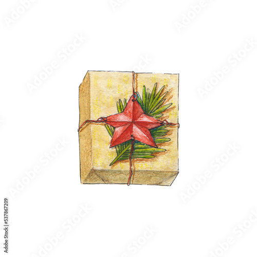 A packed holiday gift for Christmas. A gift box decorated with Christmas symbols. The symbol of the celebration of the holiday. A hand-drawn watercolor illustration highlighted on a white background.