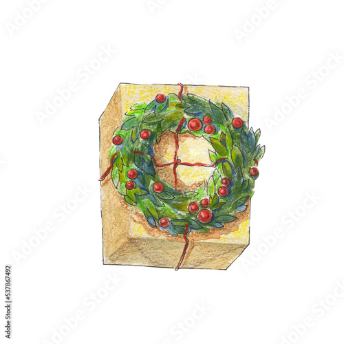 A packed holiday gift for Christmas. A gift box decorated with Christmas symbols. The symbol of the celebration of the holiday. A hand-drawn watercolor illustration highlighted on a white background.