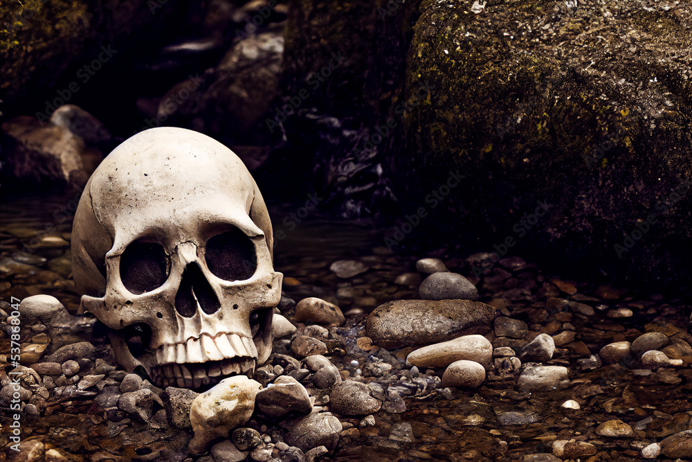 Human skull of a dead man abandoned in a river, realistic 3d illustration