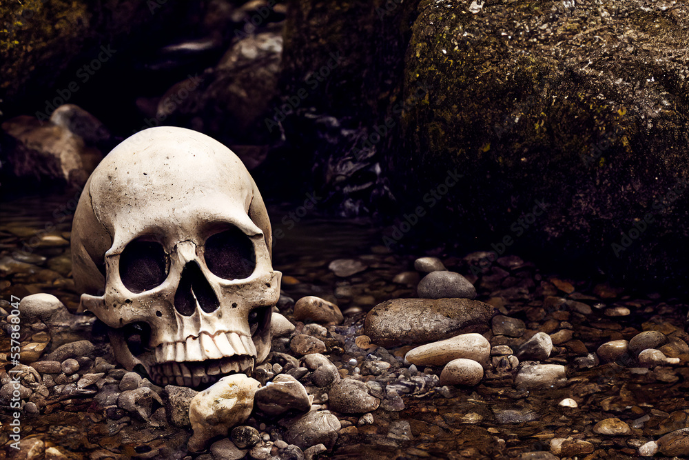 Human skull of a dead man abandoned in a river, realistic 3d illustration Human skull of a dead man abandoned in a river, realistic 3d illustration