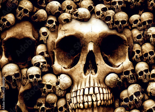 Background with many human skulls of dead skeletons, catacomb style, 3d illustration