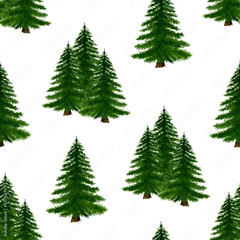 Seamless pattern with Christmas trees. Winter happy New Year wrapping paper background. Christmas tree ornament isolated on white.