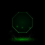 A large green outline octagon symbol on the center. Green Neon style. Neon color with shiny stars. Vector illustration on black background