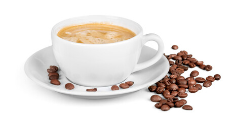 Leinwandbilder Kaffee Bar Kaffeetasse mit verstreuten Bohnen  © BillionPhotos.com