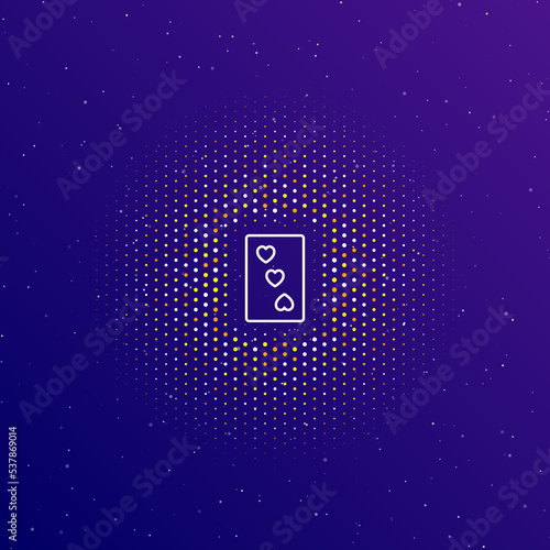 A large white contour Three of hearts playing card in the center, surrounded by small dots. Vector illustration on dark blue gradient background with stars