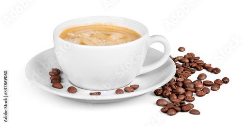 Coffee cup and coffee beans on background