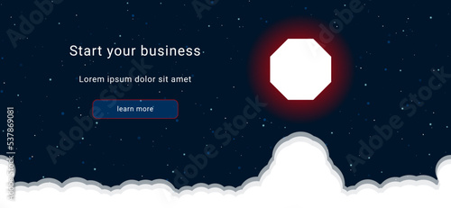 Business startup concept Landing page screen. The octagon symbol on the right is highlighted in bright red. Vector illustration on dark blue background with stars and curly clouds from below