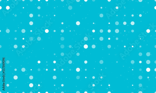 Seamless background pattern of evenly spaced white octagon symbols of different sizes and opacity. Vector illustration on cyan background with stars