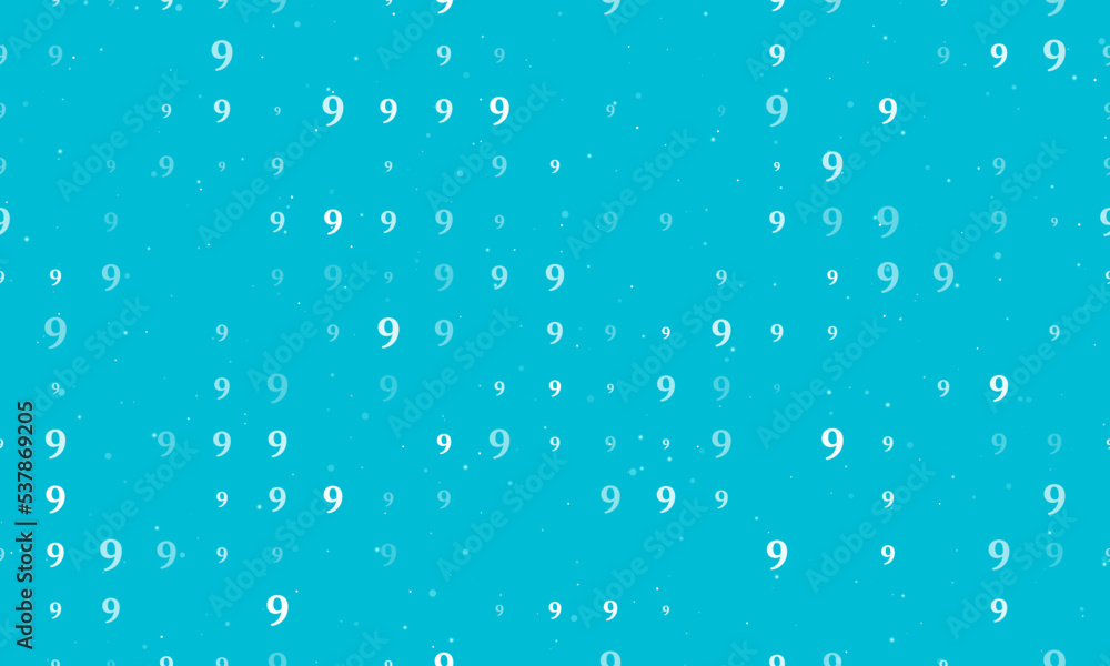 Seamless background pattern of evenly spaced white number nine symbols of different sizes and opacity. Vector illustration on cyan background with stars Seamless background pattern of evenly spaced white number nine symbols of different sizes and opacity. Vector illustration on cyan background with stars