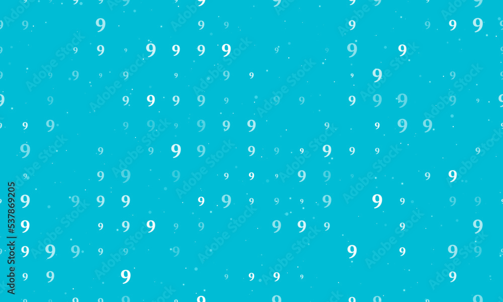 Seamless background pattern of evenly spaced white number nine symbols of different sizes and opacity. Vector illustration on cyan background with stars