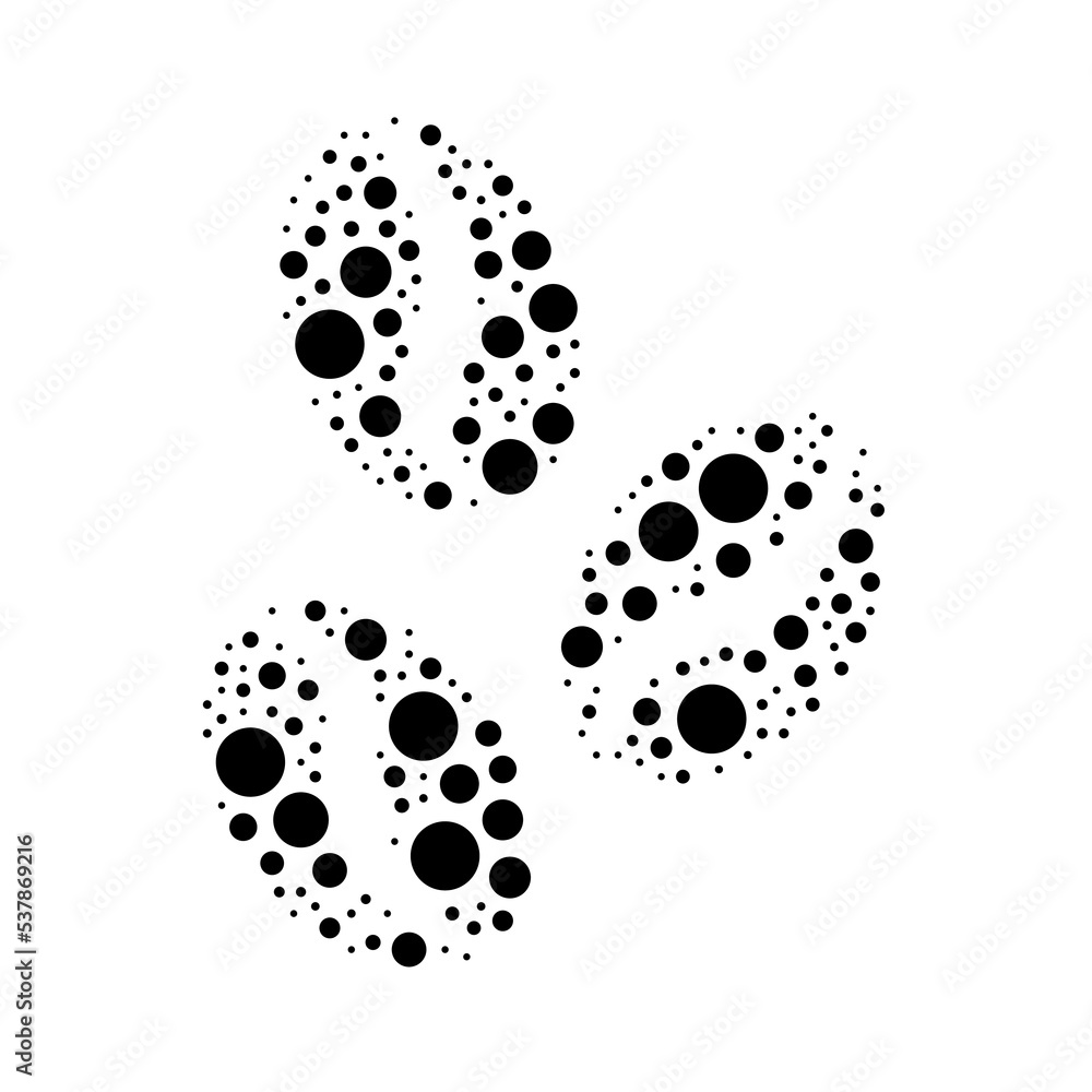 A large coffee beans symbol in the center made in pointillism style. The center symbol is filled with black circles of various sizes. Vector illustration on white background