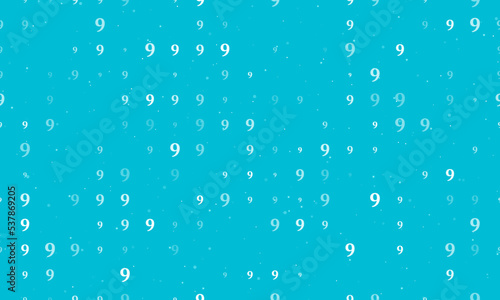 Seamless background pattern of evenly spaced white number nine symbols of different sizes and opacity. Vector illustration on cyan background with stars