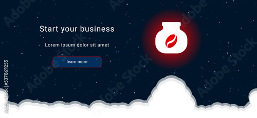 Business startup concept Landing page screen. The instant coffee symbol on the right is highlighted in bright red. Vector illustration on dark blue background with stars and curly clouds from below