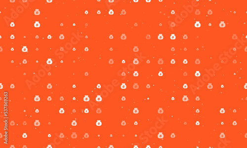 Seamless background pattern of evenly spaced white instant coffee symbols of different sizes and opacity. Vector illustration on deep orange background with stars