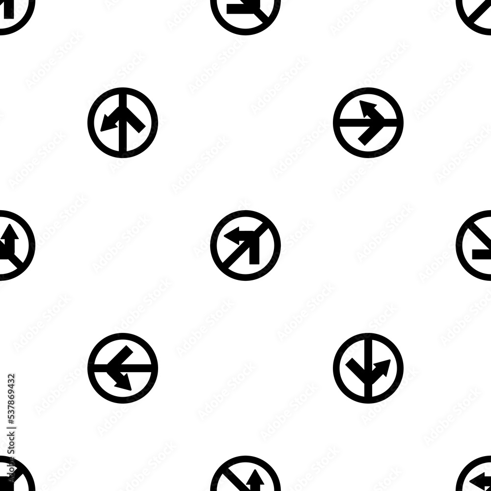 Seamless pattern of repeated black no left turn signs. Elements are evenly spaced and some are rotated. Vector illustration on white background Seamless pattern of repeated black no left turn signs. Elements are evenly spaced and some are rotated. Vector illustration on white background