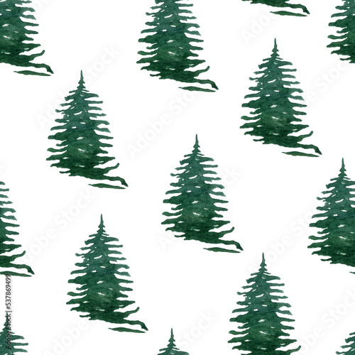 Seamless pattern of Christmas trees. Winter happy New Year wrapping paper background. Christmas tree ornament isolated on white.
