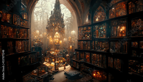 AI generated image of a large ancient library with high gothic arches, stained glass windows, vintage wooden furniture and magical lights 