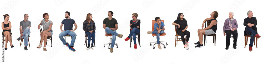 group of women and men  sitting in a chair and looking away on white background