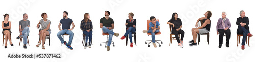 group of women and men sitting in a chair and looking away on white background