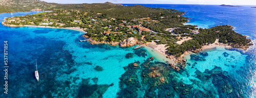 Italy summer holidyas . Sardegna island - stunning Emerald coast with most beautiful beaches - Celvia, Capriccioli, Elefante. Aerial drone view photo