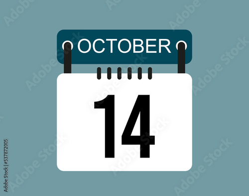 14 October calendar icon. October calendar date and month icon with black number