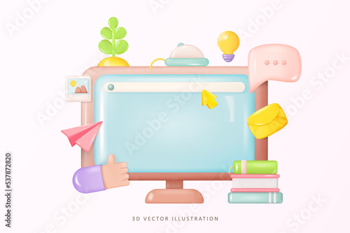 Online Education E-Learning Home Concept 3D. Desktop Computer, Blank Screen Monitor. Symbols Social Network and Media Communication. 3D Vector illustration