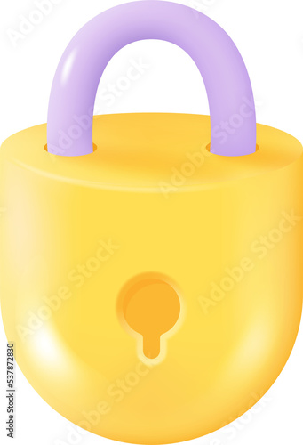 3D Yellow Padlock Isolated on Transparent Background. Safety and Confidentiality Concept. 3D Design in Cartoon Style