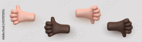 3D thumb up hand gesture in funny cartoon design on gray background. Positive emotion concept: emoji human hands showing okay or approval signs. Set of social network like icons. Vector Illustration.