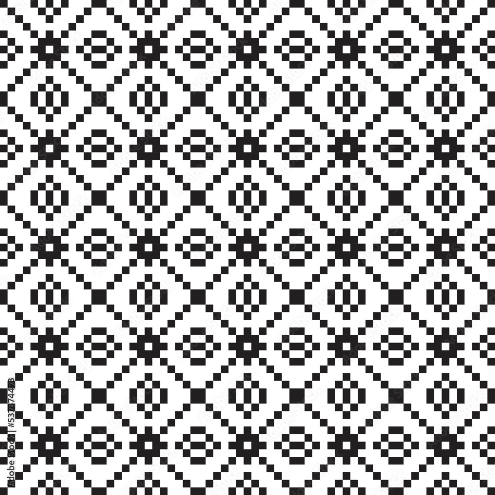 Black cross-stitch knitting pattern on white background. Black square dots on white backdrop. Fabric pattern design for sale. Knitting handicraft art.