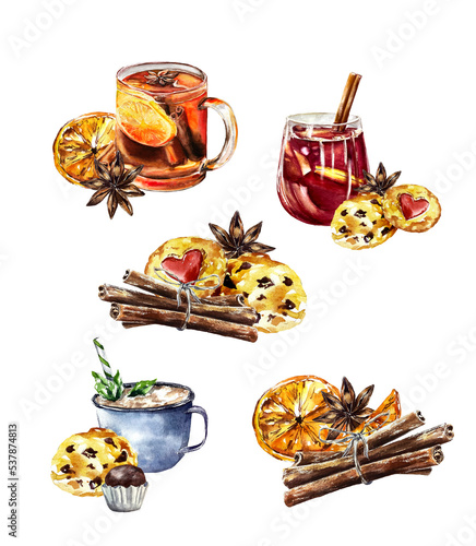 Watercolor christmas winter hot drinks sweets spieces food illustration