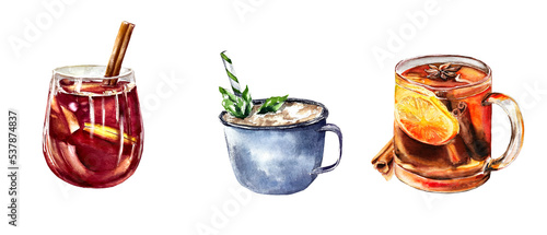 Food illustration watercolor food drinks christmas coffee cacao mulled wine decorations cup
