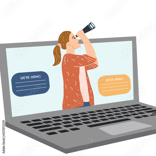 Woman with binoculars on the monitor screen searching for new employee, work candidates, hired workers. We re hiring concept, online job offer, recruitment process, vacancies on the internet