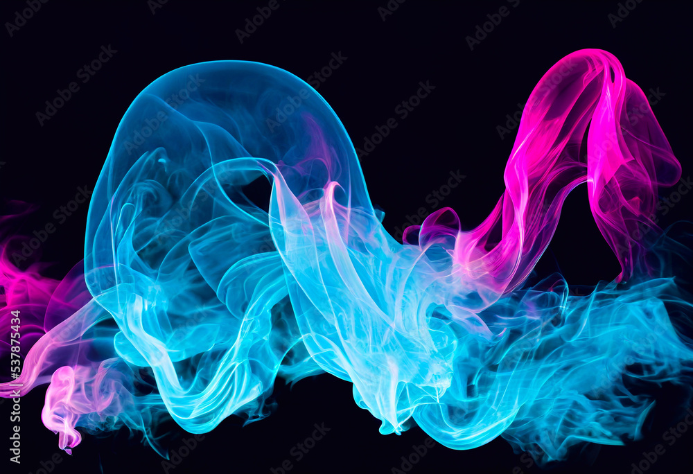 Computer generated dynamic coloured smoke mist effect against a black 3D illustration background. A.I. generated art. Computer generated dynamic coloured smoke mist effect against a black 3D illustration background. A.I. generated art.