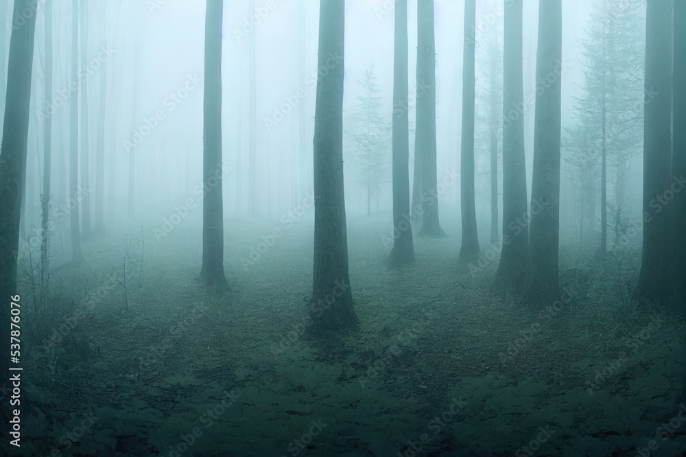 Fototapeta premium Panorama of foggy forest. Fairy tale spooky looking woods in a misty day. Cold foggy morning in horror forest
