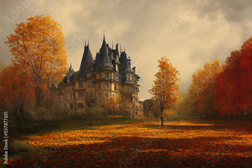 autumn chateau view secnery beautiful river moutain digital painting  photo