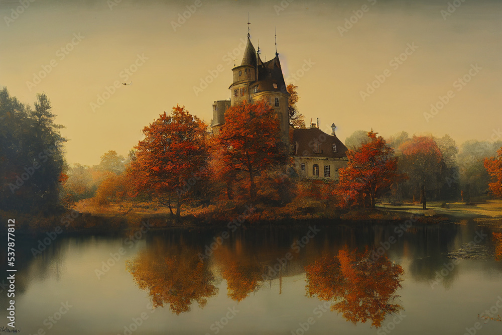 autumn chateau view secnery beautiful river moutain digital painting autumn chateau view secnery beautiful river moutain digital painting