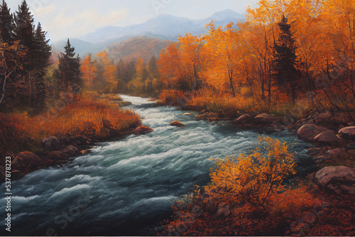 autumn chateau view secnery beautiful river moutain digital painting  photo