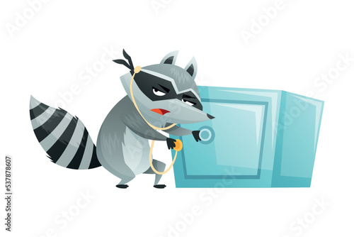 Raccoon Burglar with Striped Tail Wearing Mask Breaking Safe Deposit Box Vector Illustration