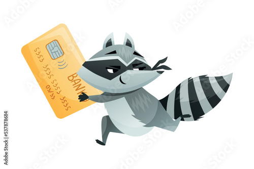 Raccoon Burglar with Striped Tail Wearing Mask Escaping with Bank Card Vector Illustration